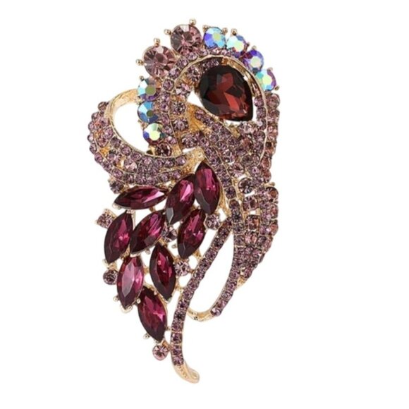 Vibrant Purple & Iridescent Rhinestone Crystal Brooch Pin Gold Tone - Picture 1 of 2